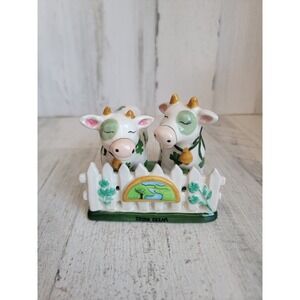 Blue sky NEW clover cow salt pepper shaker Irish cream farm patch home decor